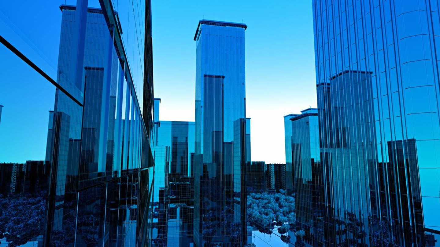 blue city skyline with tall shiny buildings